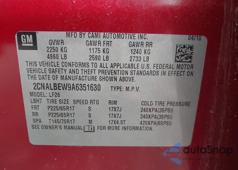 2010 Chevrolet Equinox Ls from USA, damaged, VIN 2CNALBEW9A6351630